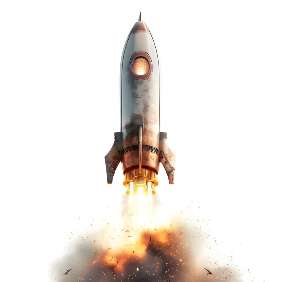 A rocket with a flame effect on the bottom against transparent background png