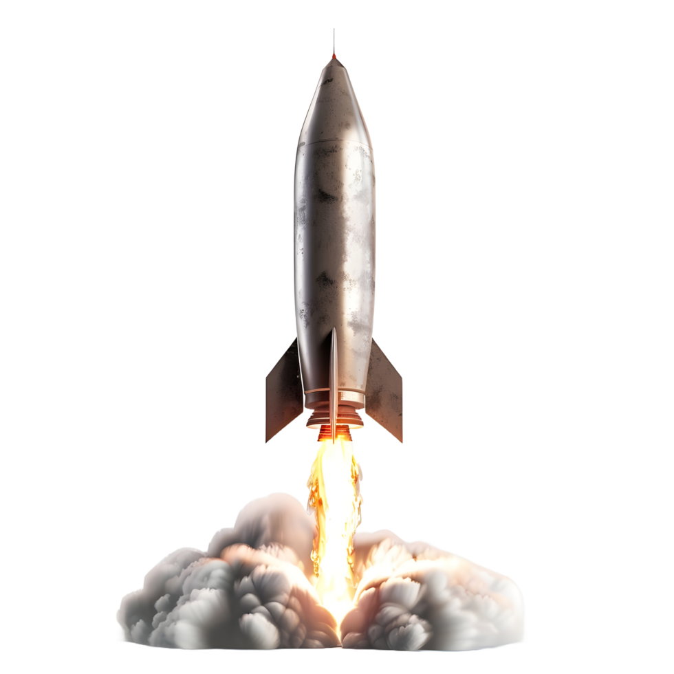 A rocket with a flame effect on the bottom against transparent background png