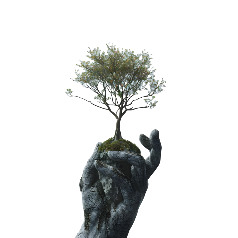 A small tree holding a human hand on transparent background png
