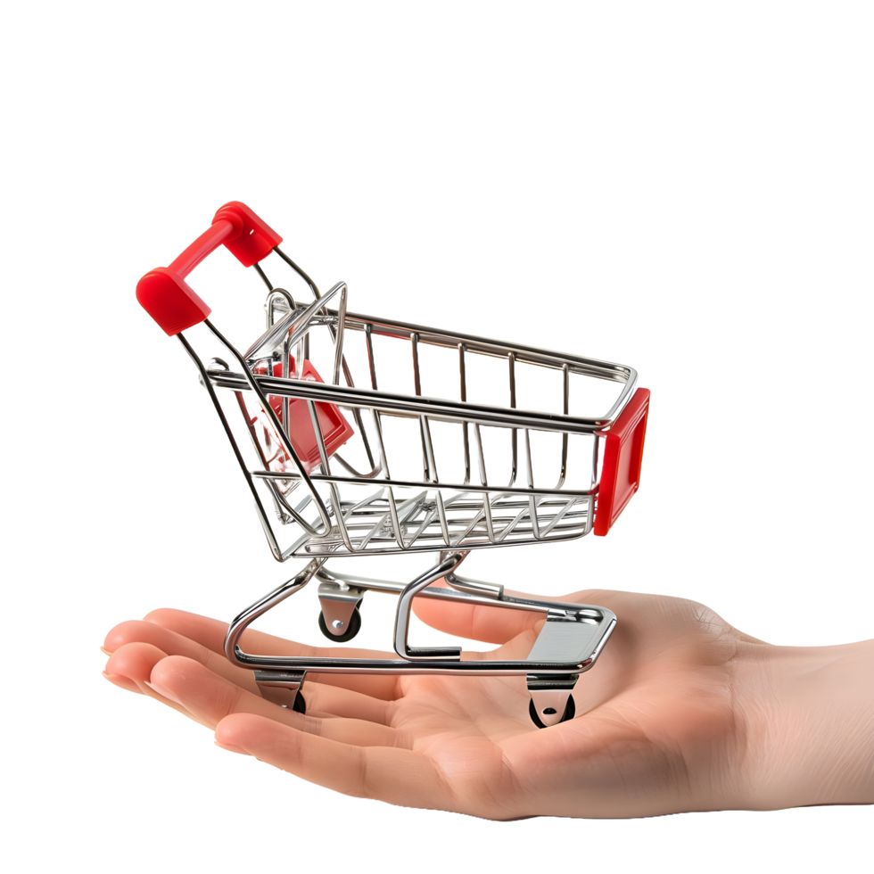 A small shopping cart holding a human hand on transparent background png