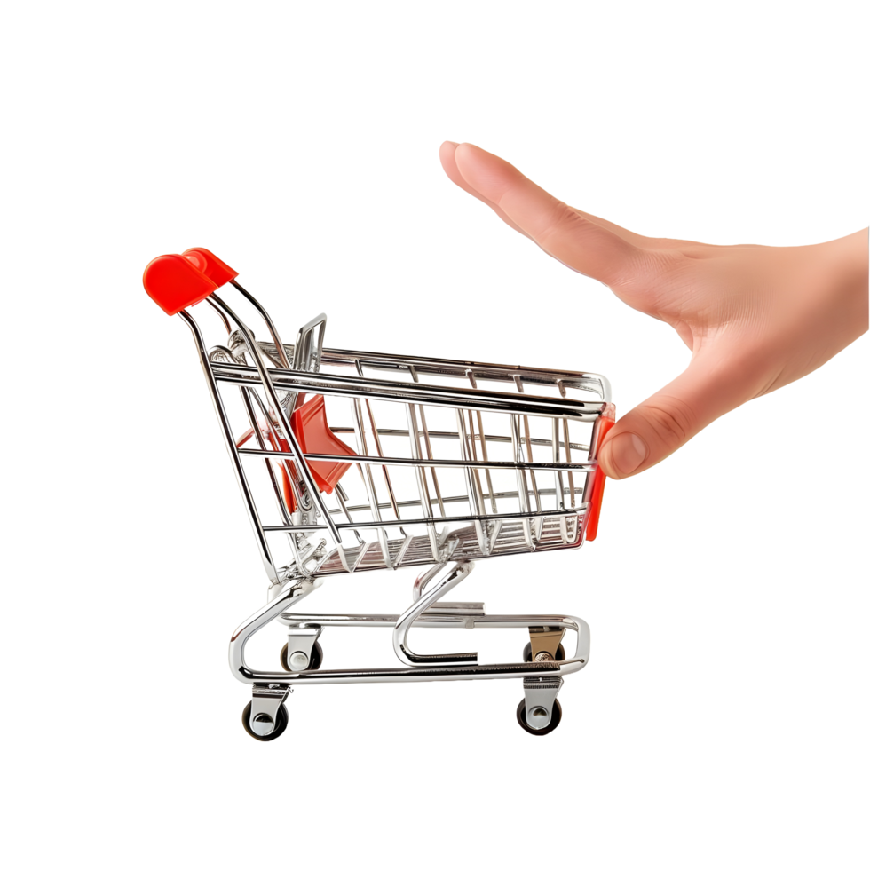 A small shopping cart holding a human hand on transparent background png