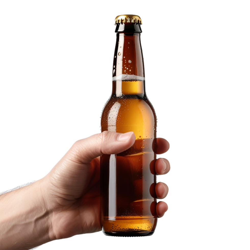 Brown Glass Bottle in Hand on Transparent Background png