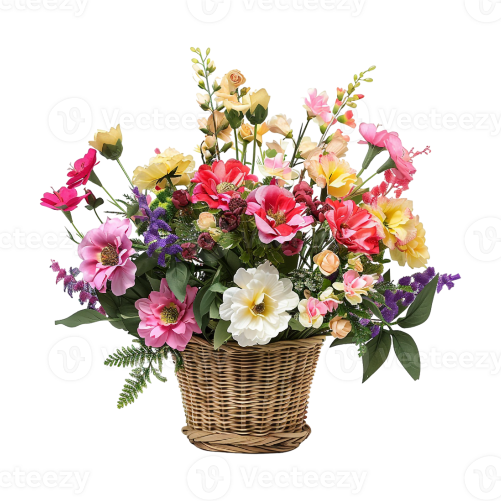 Colorful Flowers in Basket on Transparent Background png