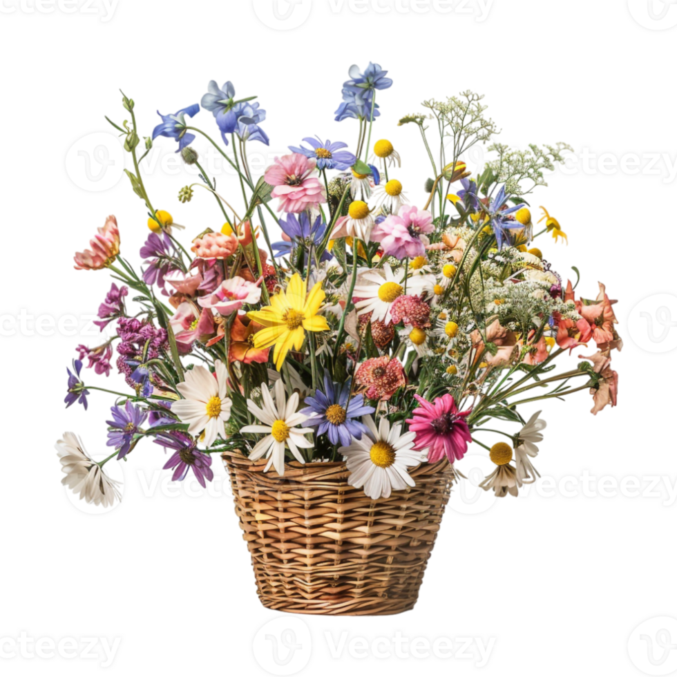 Colorful Flowers in Basket on Transparent Background png