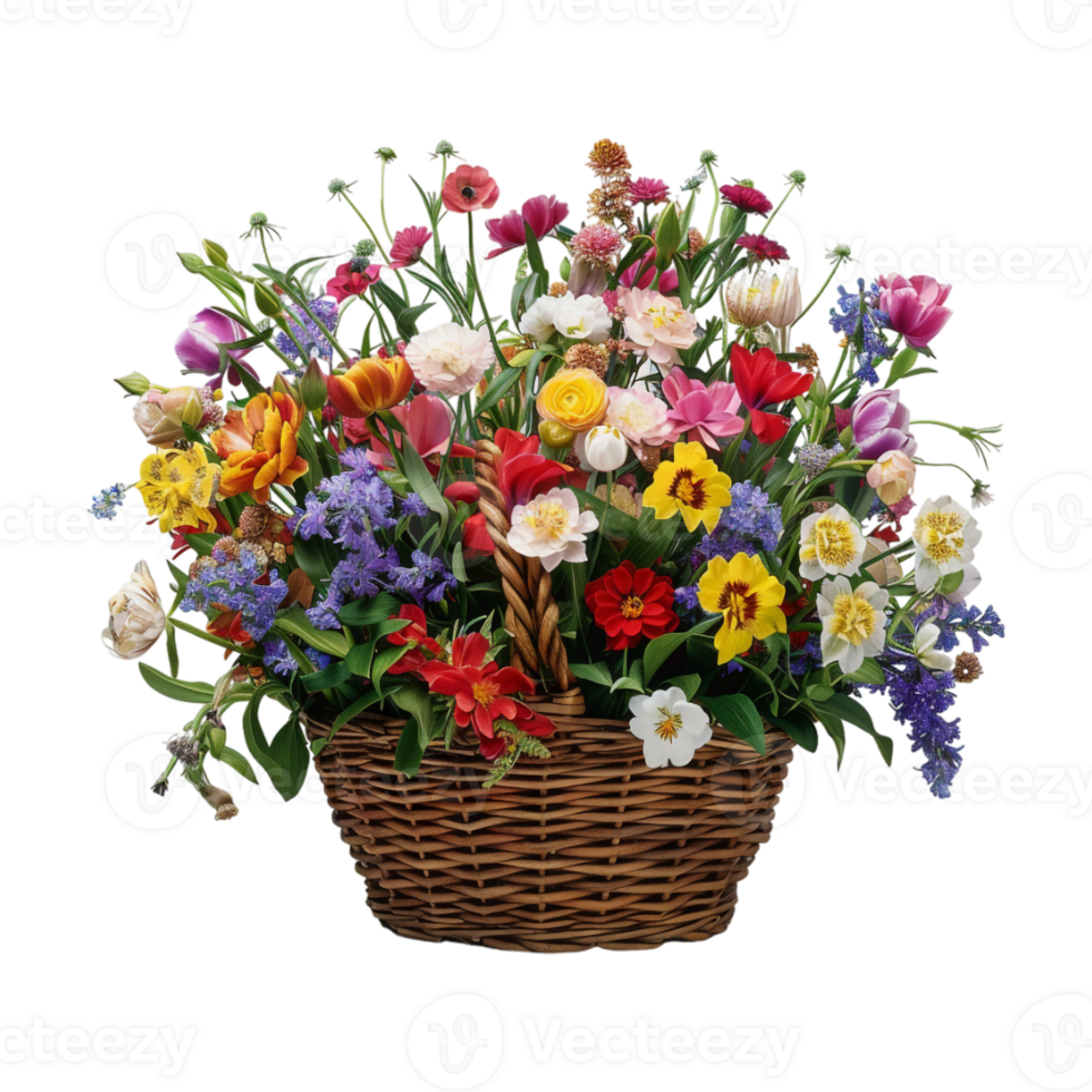 Colorful Flowers in Basket on Transparent Background png