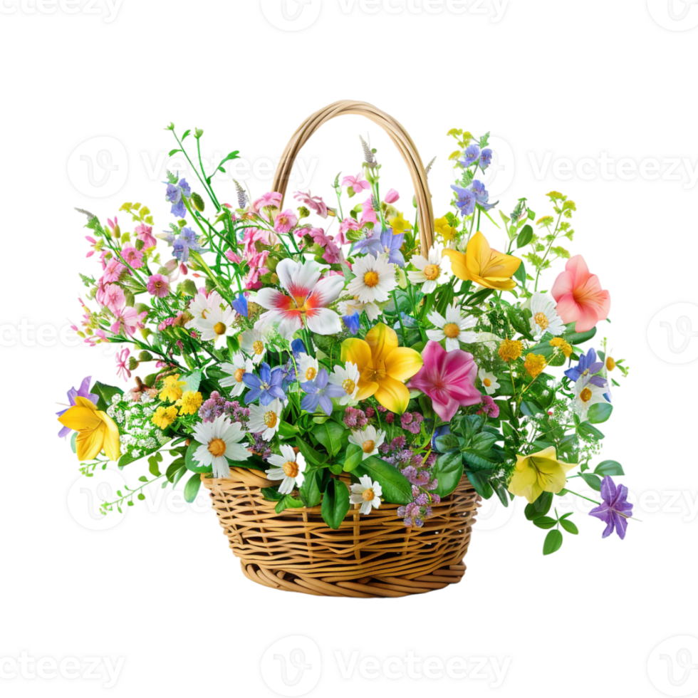 Colorful Flowers in Basket on Transparent Background png