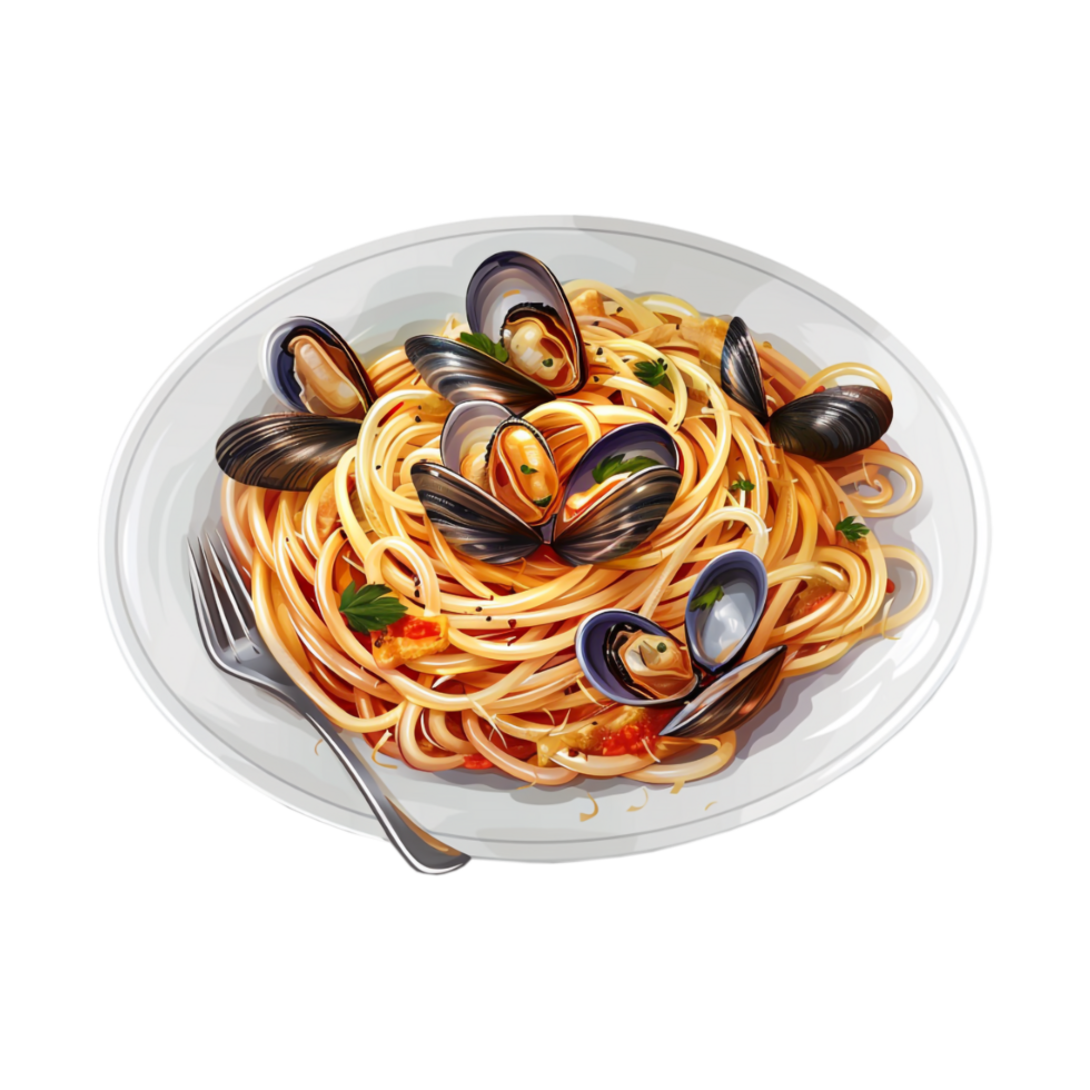 Oyster and Spaghetti in Plate on Transparent Background png