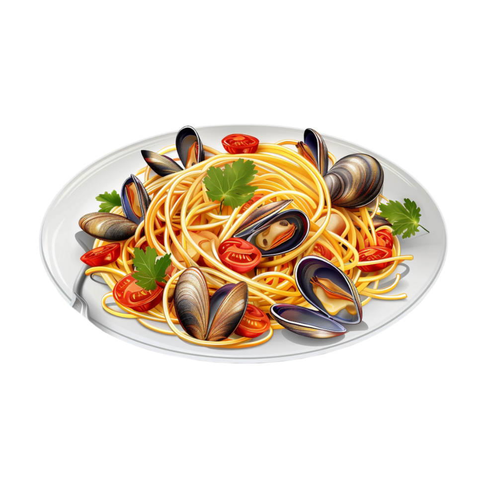 Oyster and Spaghetti in Plate on Transparent Background png