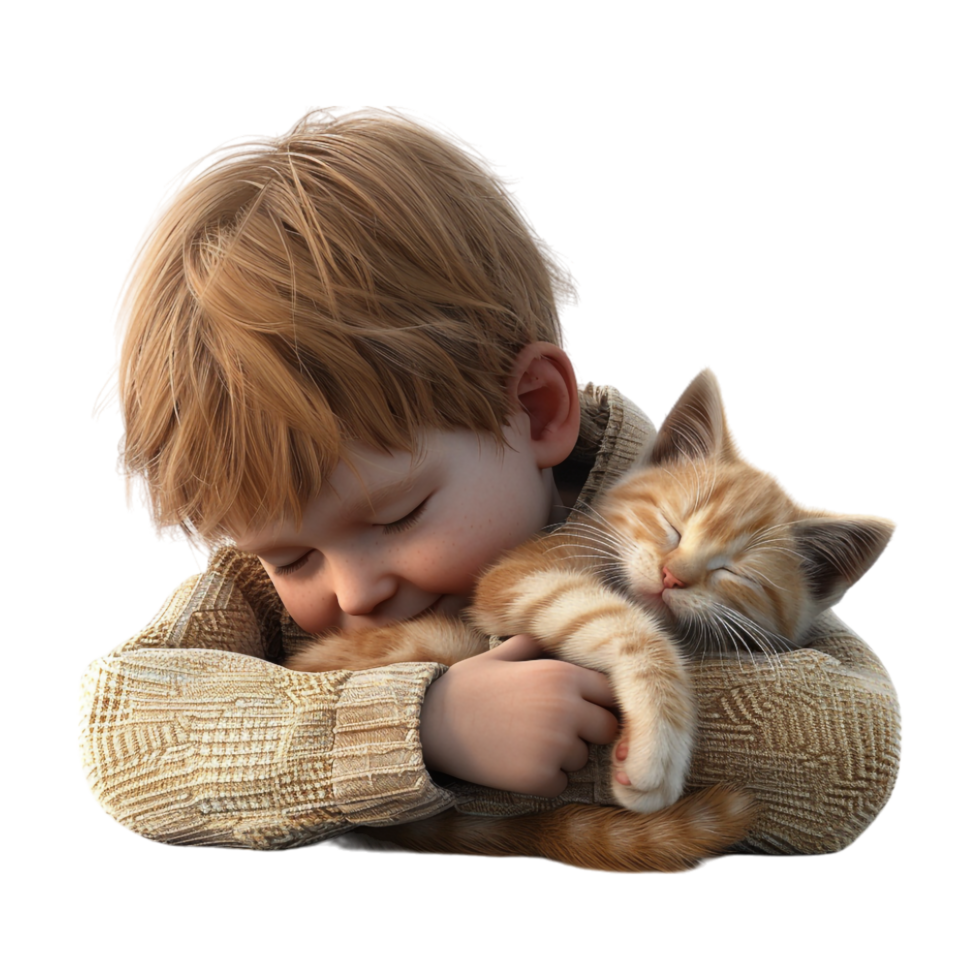 Cute Boy Holding Cat Cartoon on Transparent Background png