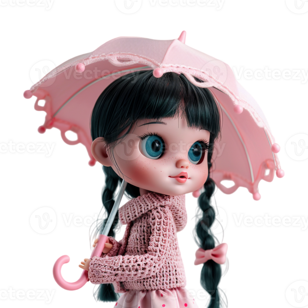 Cute Doll Standing Under Umbrella on Transparent Background png