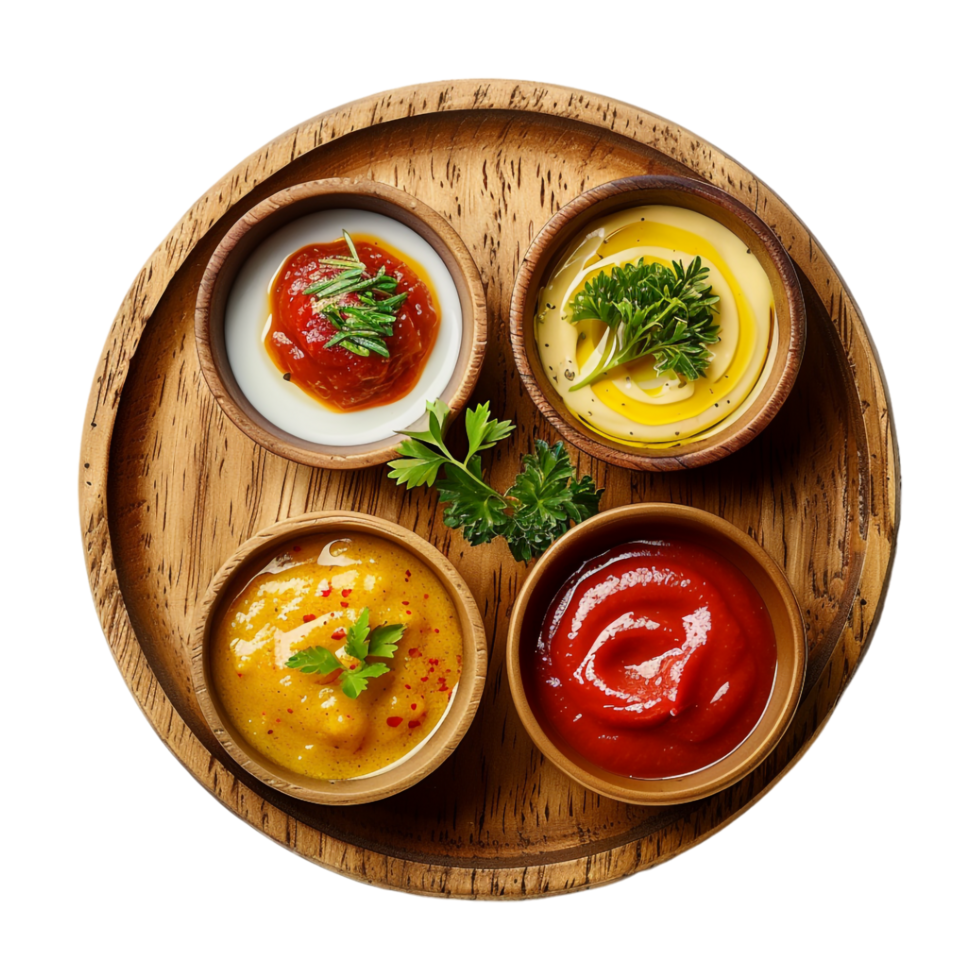 Different Spices on Wooden Plate on Transparent Background png