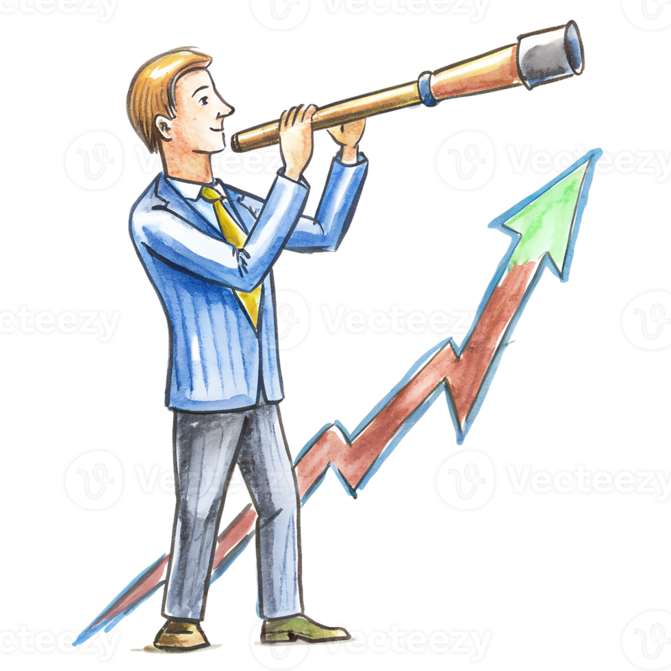 Businessman with telescope looking for opportunities, symbolizing growth and success with rising graph in background. png