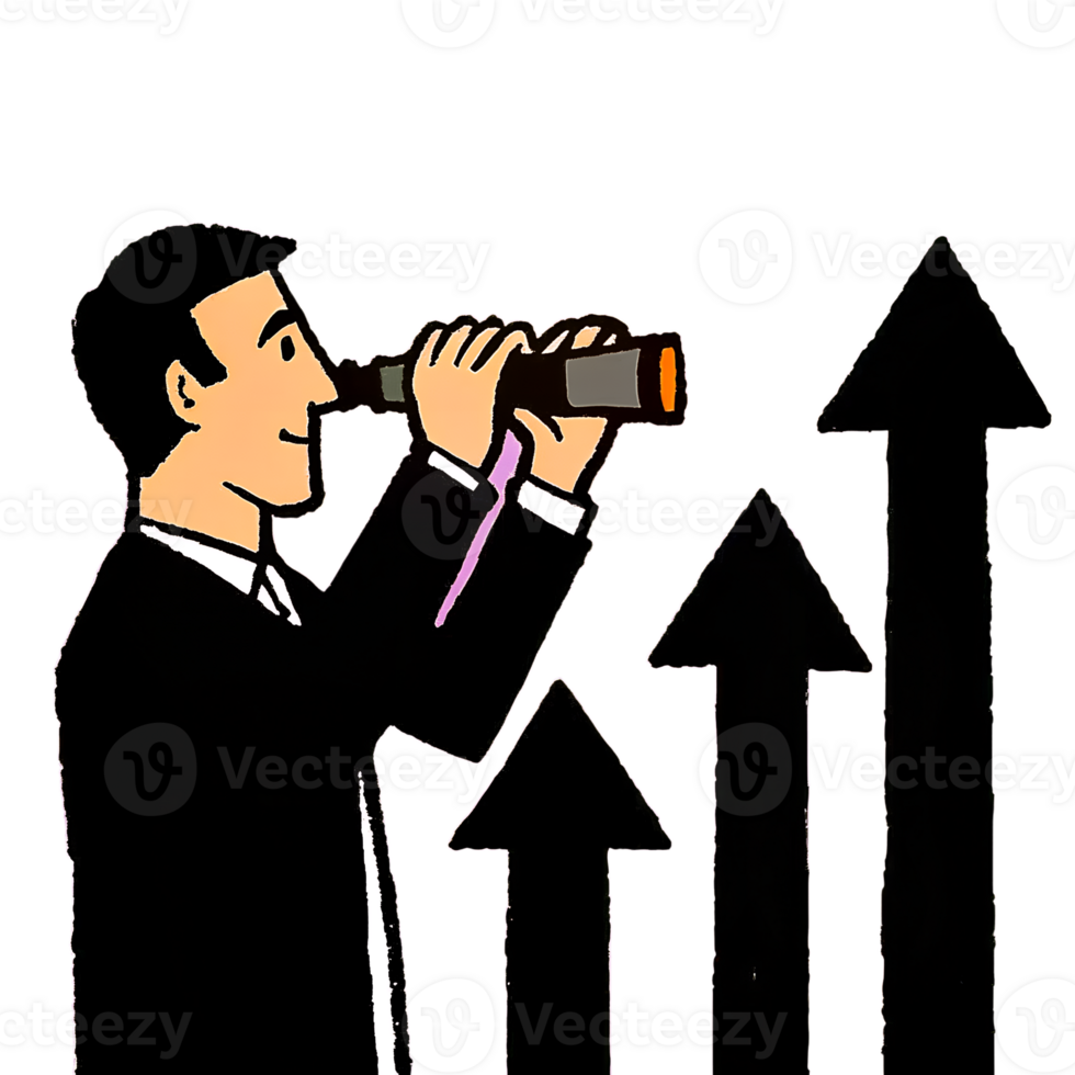 Businessman looking through a telescope, symbolizing vision and future growth, with rising arrow charts in the background. png