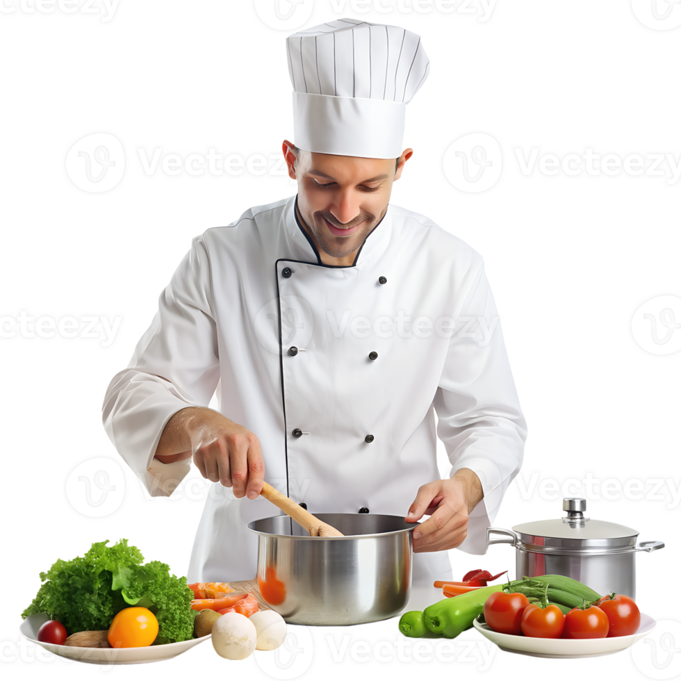 Male chef in white uniform preparing a dish with fresh vegetables and stainless steel cookware in a kitchen. png