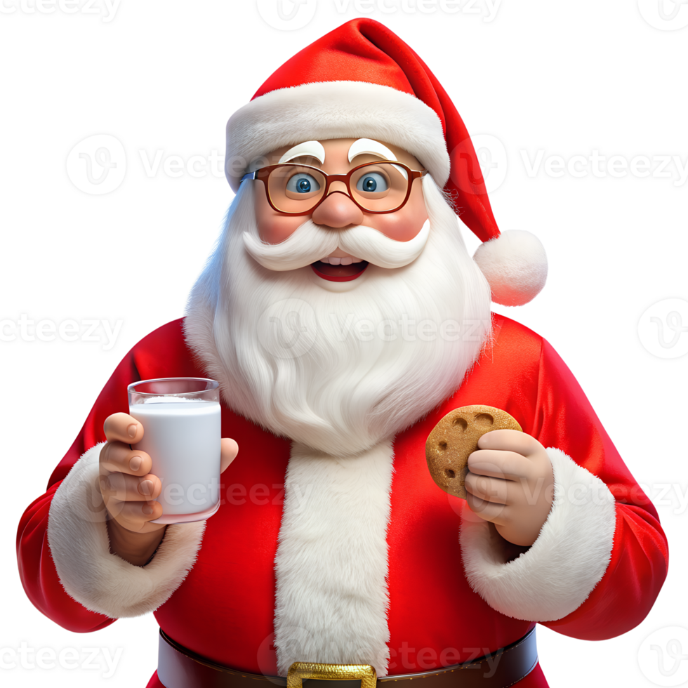 Jolly Santa Claus in traditional red suit, holding a glass of milk and cookie, smiling warmly. Perfect for Christmas or holiday-themed content. png
