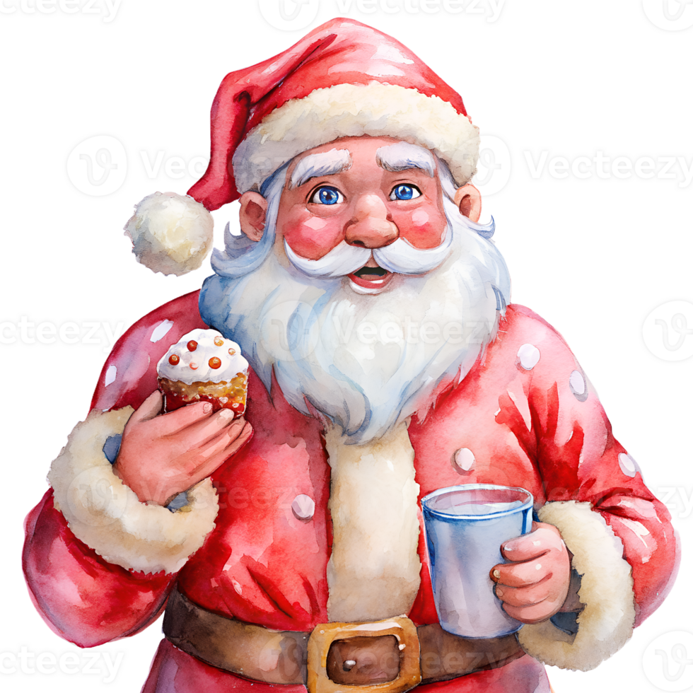 Cheerful Santa Claus holding a cupcake and a mug, dressed in traditional red and white Christmas attire, spreading holiday joy. png
