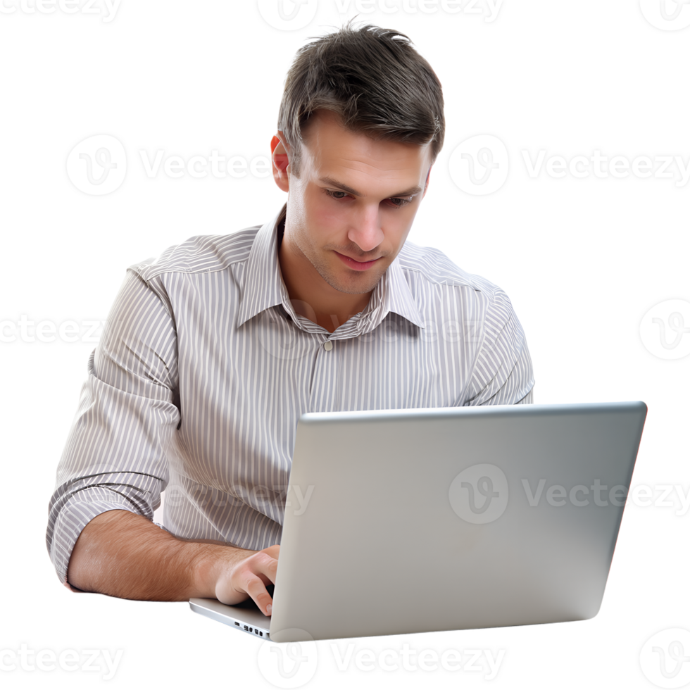 Businessman focused on using a laptop, wearing a striped shirt. Ideal for business, technology, and professional-related themes. png