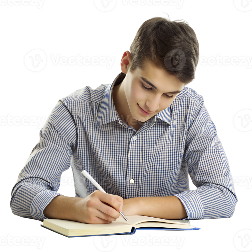Young man in checkered shirt writing in a notebook at desk, focused on studies. Ideal for education and academic themes. png