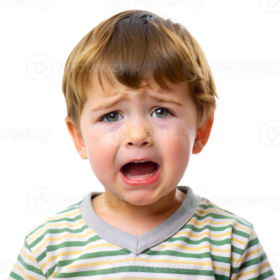 A close-up of a young child with a tearful expression, wearing a striped shirt, displaying emotions of sadness and distress. png