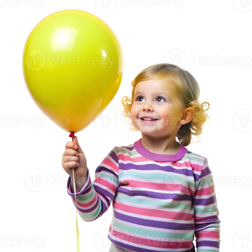 Smiling child holding a yellow balloon, wearing a colorful striped shirt. The happiness of childhood captured in a bright and playful moment. png