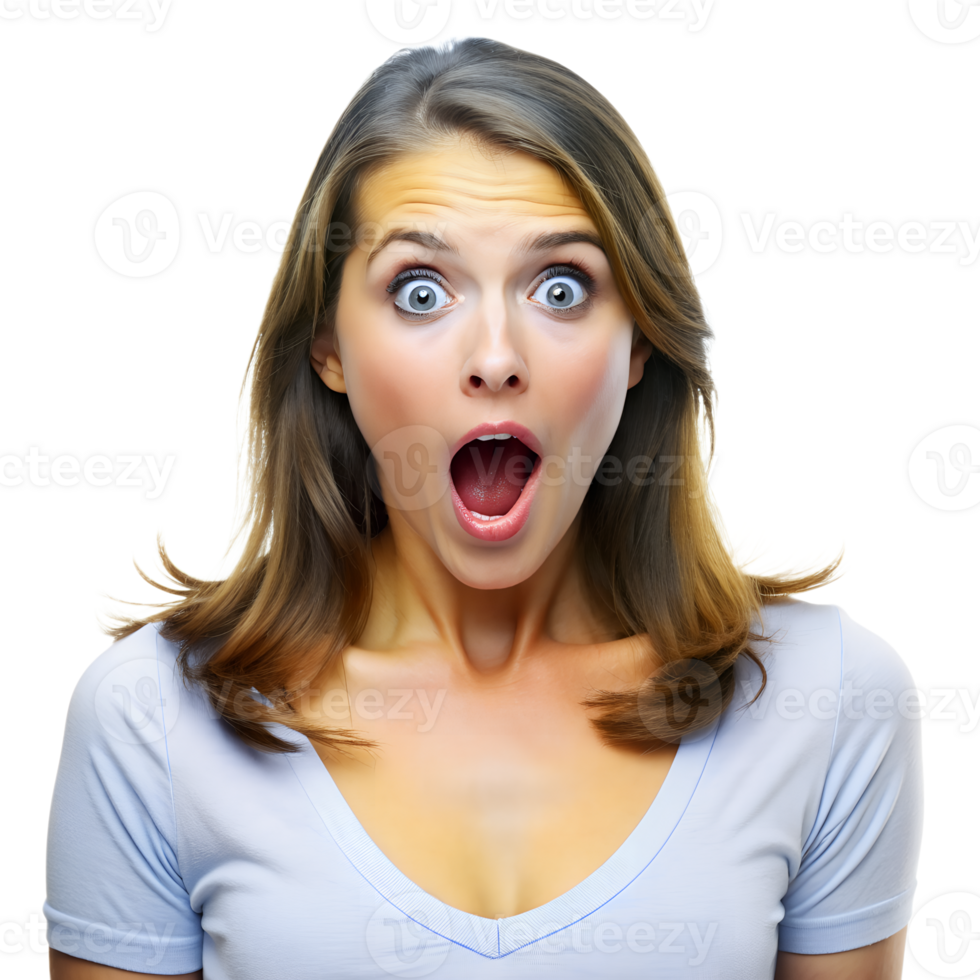 A woman with a surprised expression, wide eyes, and an open mouth, wearing a light blue shirt against a white background. png