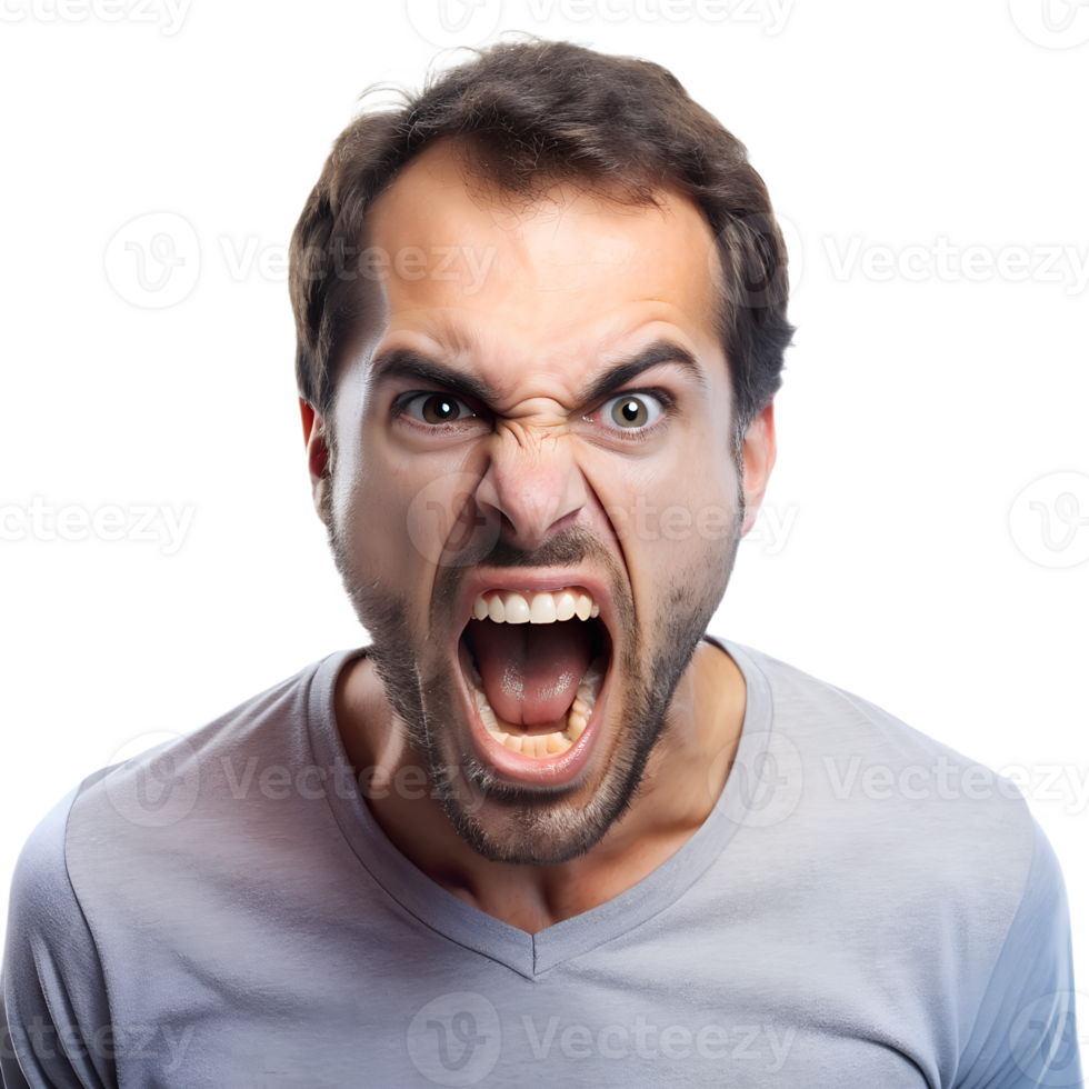 Angry young man shouting with intense emotion, expressing frustration and rage. Isolated on white background. png