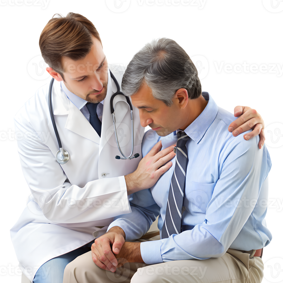A doctor providing emotional support to a patient, demonstrating compassion, care, and professional medical consultation in a clinical setting. png