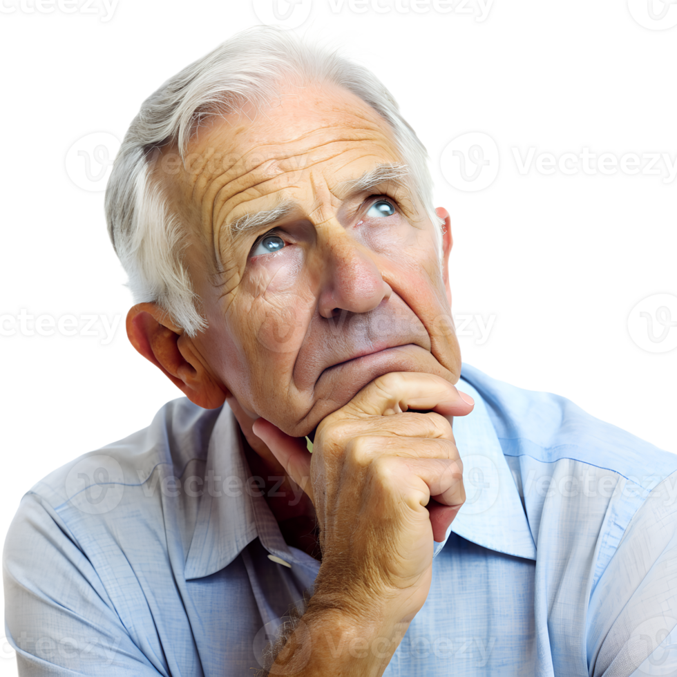 Elderly man deep in thought, wearing a light blue shirt, isolated on a clean white background, demonstrating contemplation and wisdom. png