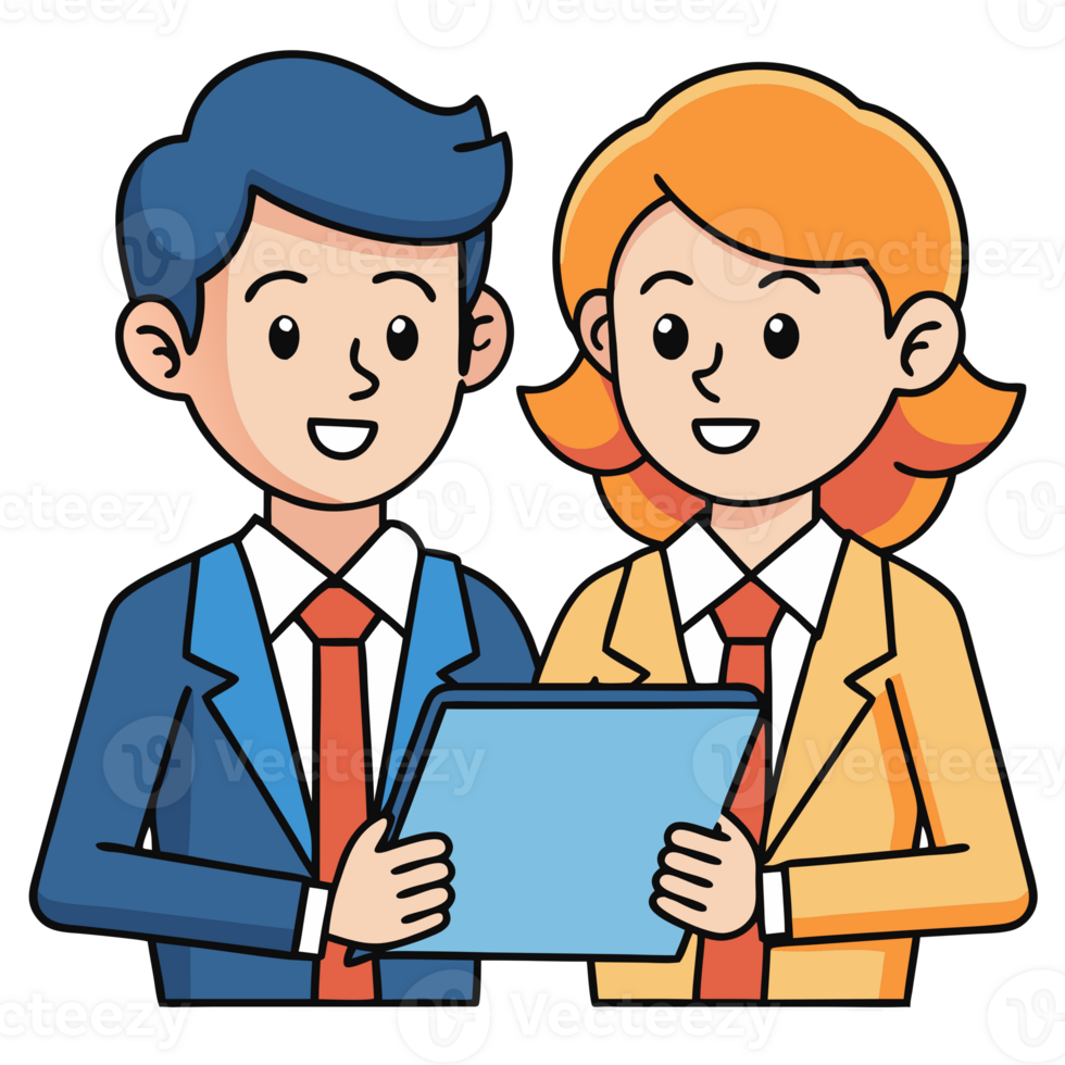 Illustration of two business professionals with a clipboard, dressed in suits, discussing work-related matters. png