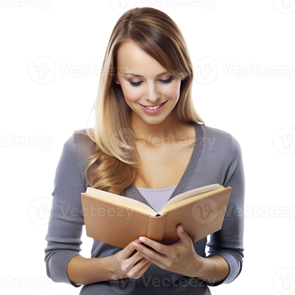 Smiling woman reading book, enjoying leisure time, isolated on white background, gray sweater. png