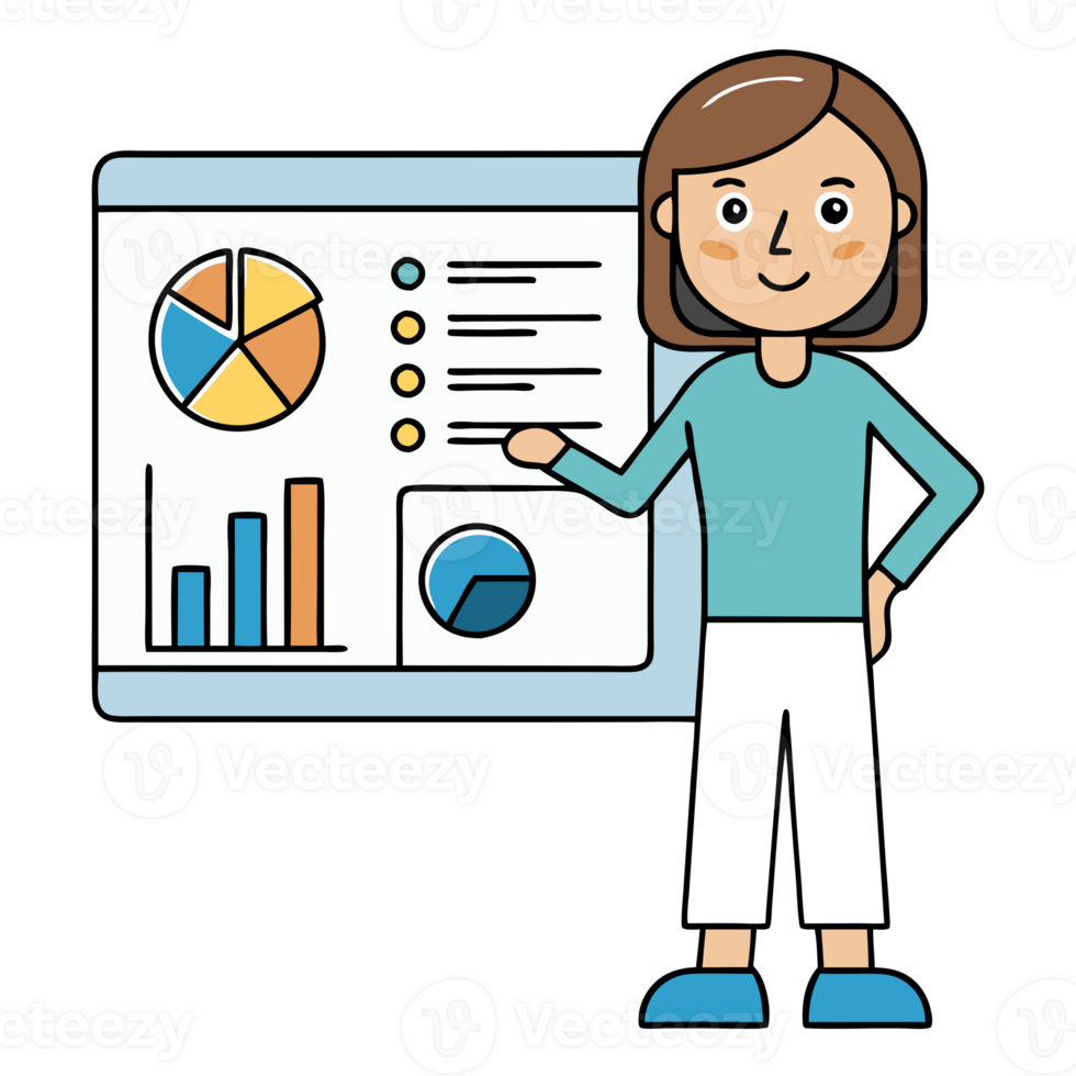 Illustration of a businesswoman presenting data charts and graphs on a screen, representing analysis, statistics, and corporate presentation. png