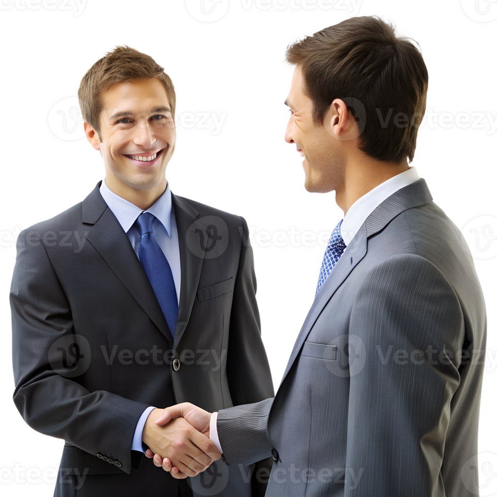 Two businessmen in formal suits shaking hands and smiling, representing a successful business deal or partnership. png
