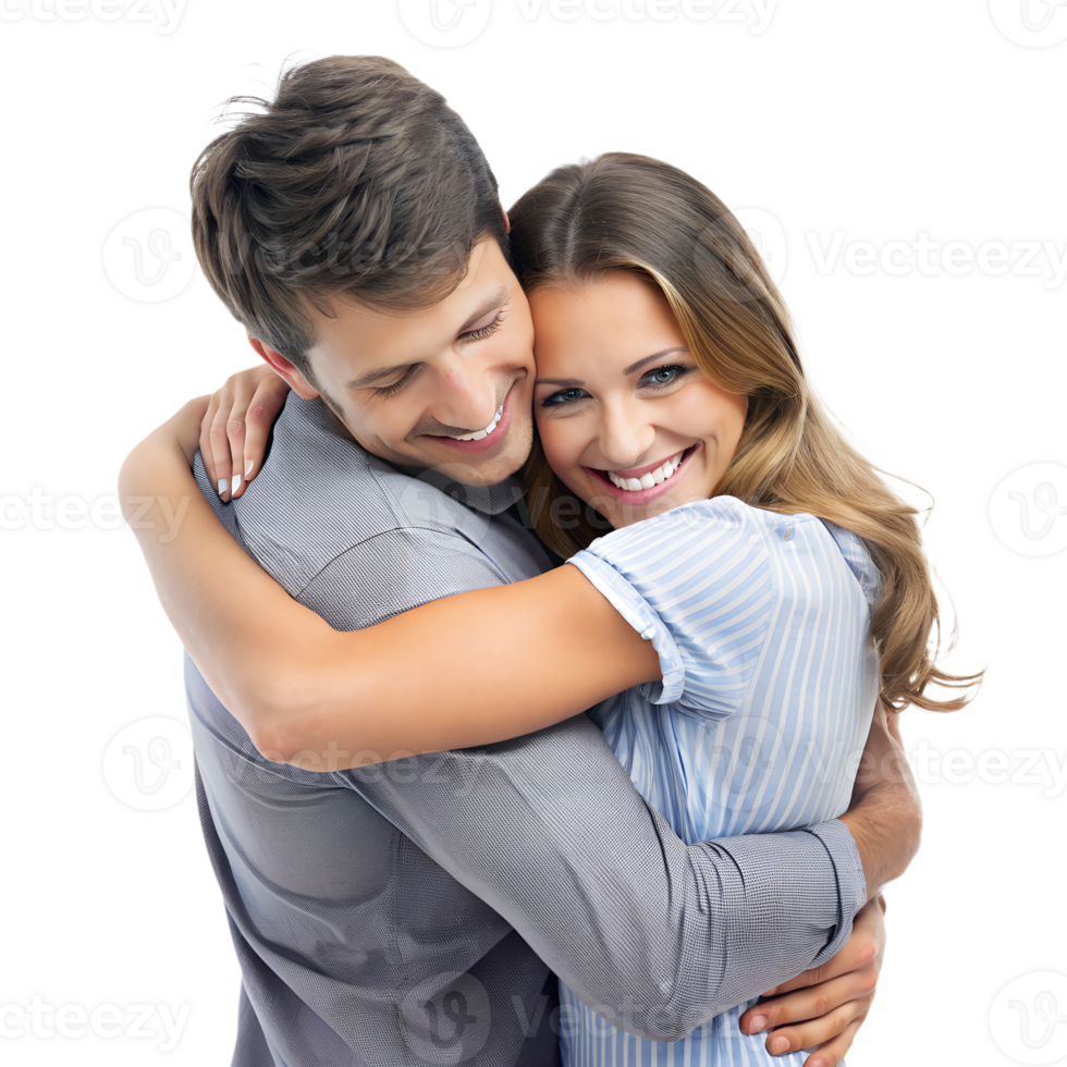 Smiling couple embracing each other with love and joy, expressing affection and happiness in a close, warm hug. png