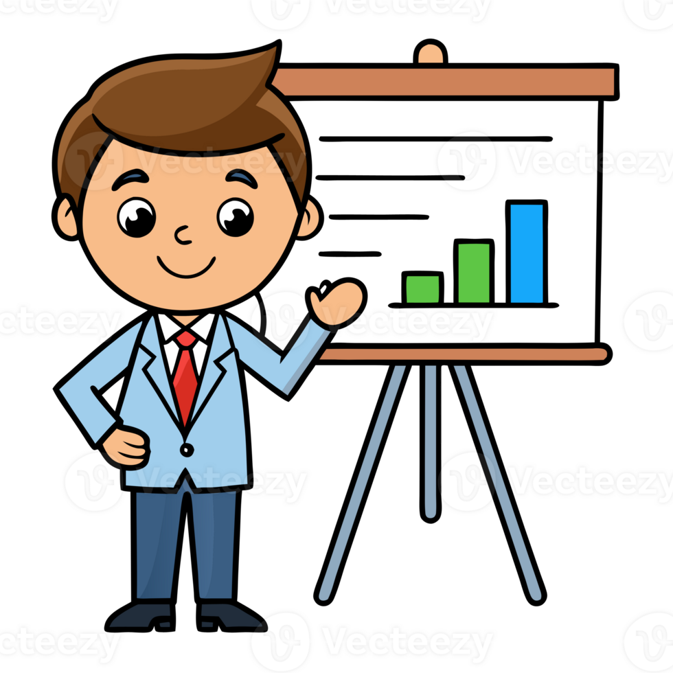 Cartoon businessman presenting a bar chart on a whiteboard illustration. Ideal for business and educational concepts. png