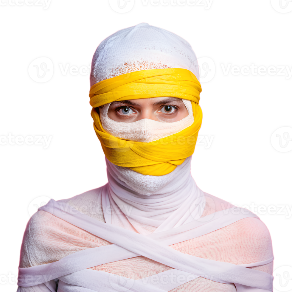 Person wrapped in white and yellow bandages with only eyes visible, evoking a mysterious and intriguing atmosphere. png