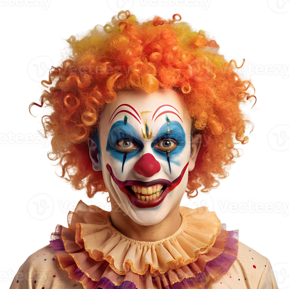 Colorful clown with orange curly hair and vibrant face paint, smiling and dressed in traditional clown costume, isolated on white background. png