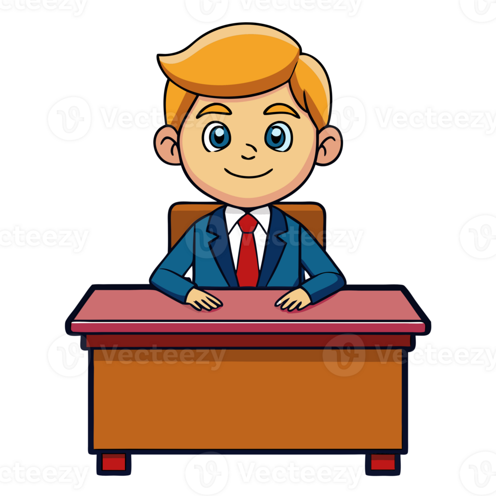 Cartoon businessman sitting at a desk in a suit and tie, smiling with a confident expression. Ideal for business and corporate themes. png