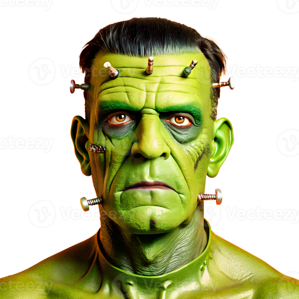 Close-up of a green Frankenstein monster with bolts in his head, detailed makeup, and stitches on his face. Spooky and iconic Halloween character. png