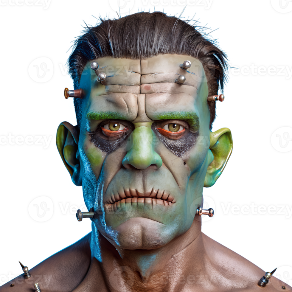 Realistic Frankenstein monster costume with bolts, stitches, and makeup, perfect for Halloween and horror-themed events. png