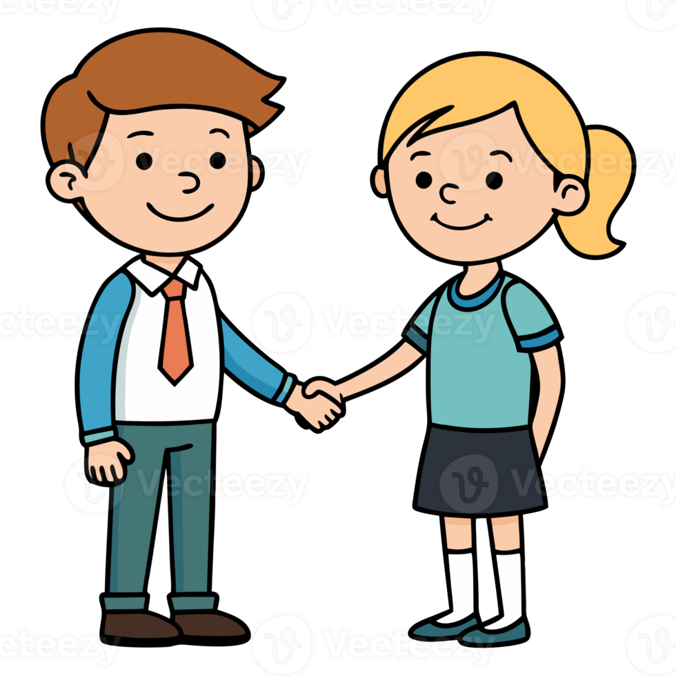 Cartoon illustration of a boy and girl shaking hands, representing friendship and collaboration, isolated on a white background. png