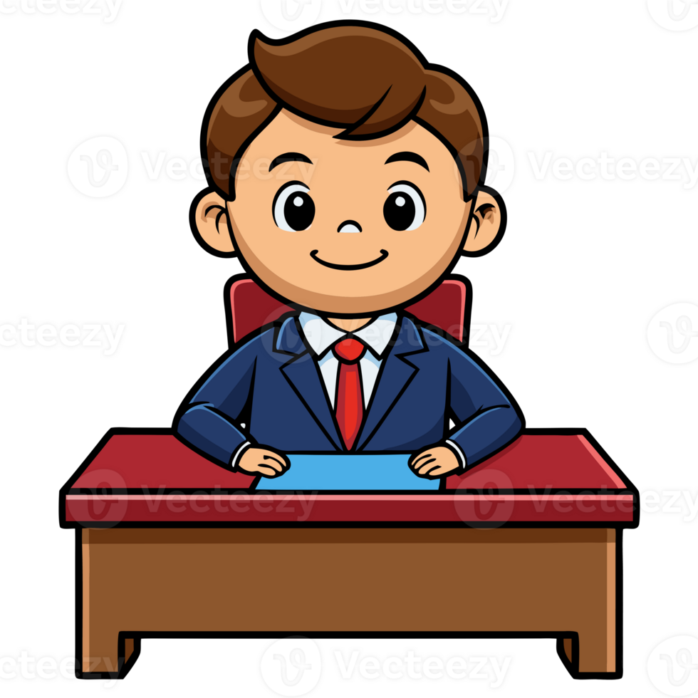 Cute cartoon businessman in a blue suit sitting at a desk, smiling and ready for work. Ideal for business or office-related illustrations. png