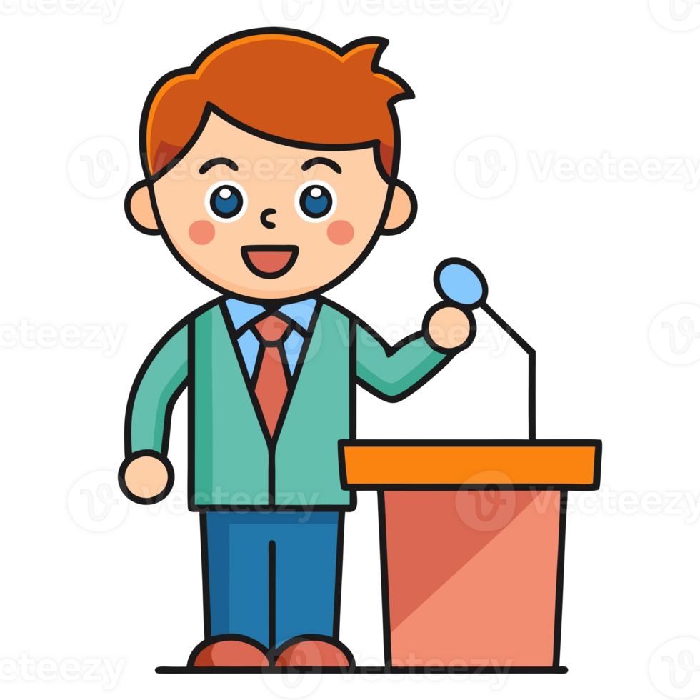 Cute cartoon character giving a speech at a podium with a microphone, perfect for public speaking or presentation themes. png