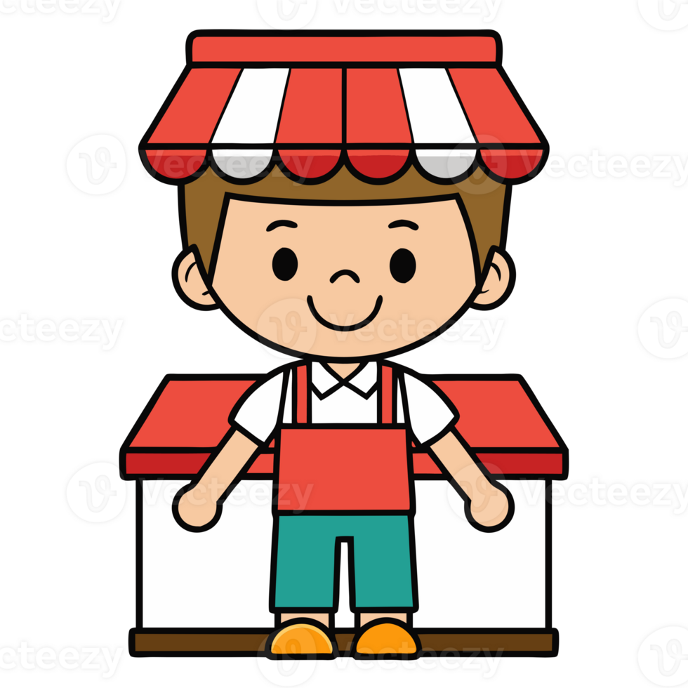 Cute cartoon character of a shopkeeper standing in front of a small shop with a red and white striped awning. Ideal for business concepts. png