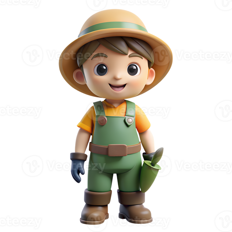 Cute cartoon character of a young gardener in overalls and hat, smiling and holding a small shovel. Perfect for children's content. png