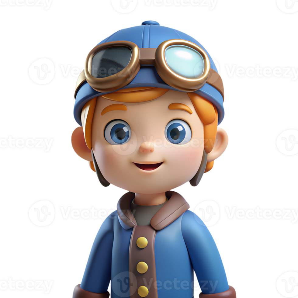 3D rendering of a cute cartoon boy wearing aviator goggles and a blue hat, smiling cheerfully. Ideal for children's content and animation projects. png