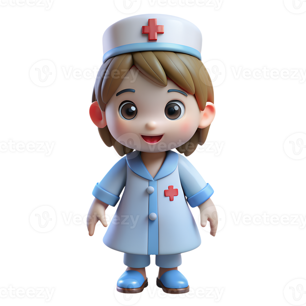 Cute cartoon nurse character in a blue uniform and white hat with a red cross, smiling and ready to help, ideal for healthcare illustrations. png