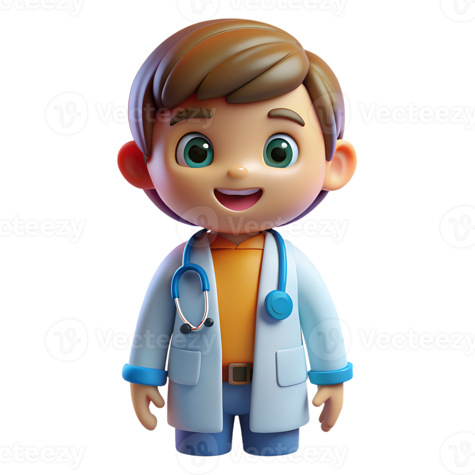 3D illustration of a cute cartoon boy doctor in a white coat, smiling and holding a stethoscope, ideal for healthcare and educational content. png