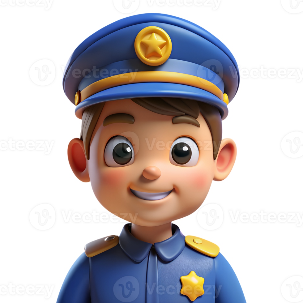 Cute cartoon illustration of a young police officer in uniform, smiling and ready for duty, ideal for educational or children's content. png
