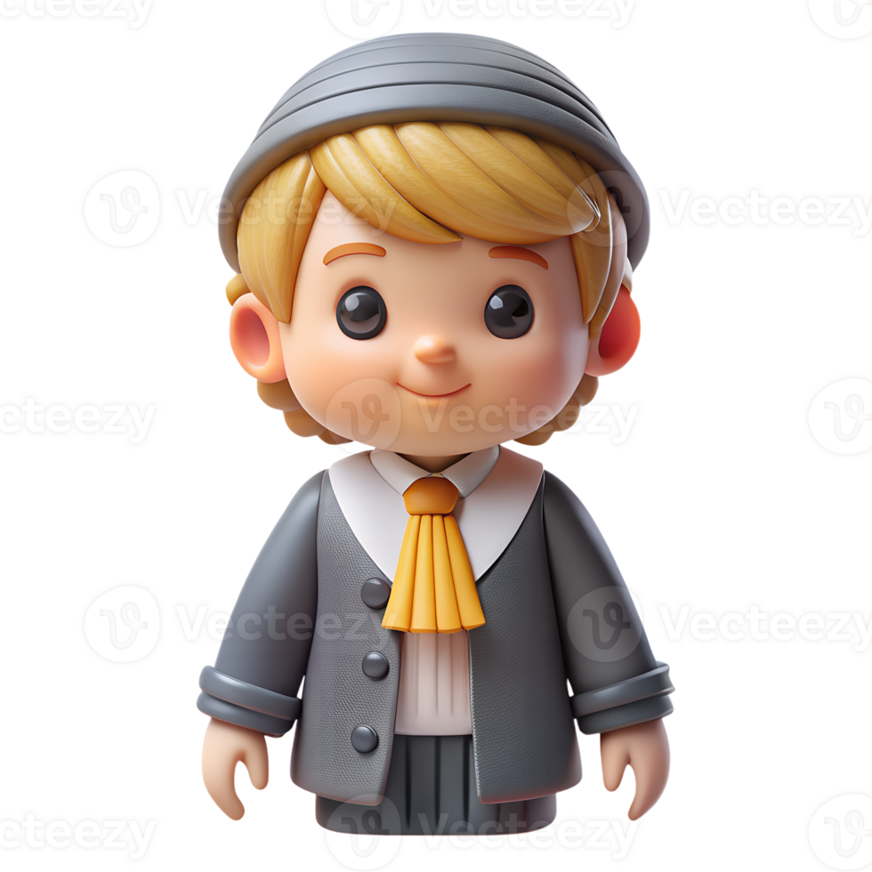 3D illustration of a cute child character in vintage attire with a friendly smile, perfect for children and animation-related projects. png