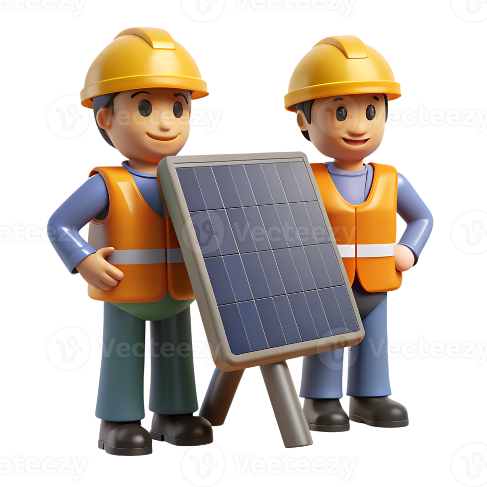 Cartoon construction workers in safety gear with a solar panel, focusing on renewable energy and sustainable technology. png